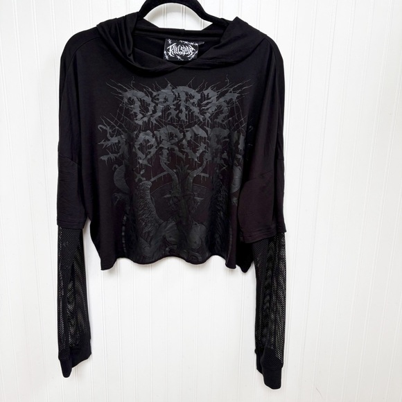 Killstar Dark Forces Black on Black Mesh Sleeves Cropped Hooded Tee Size XXL - Picture 1 of 6